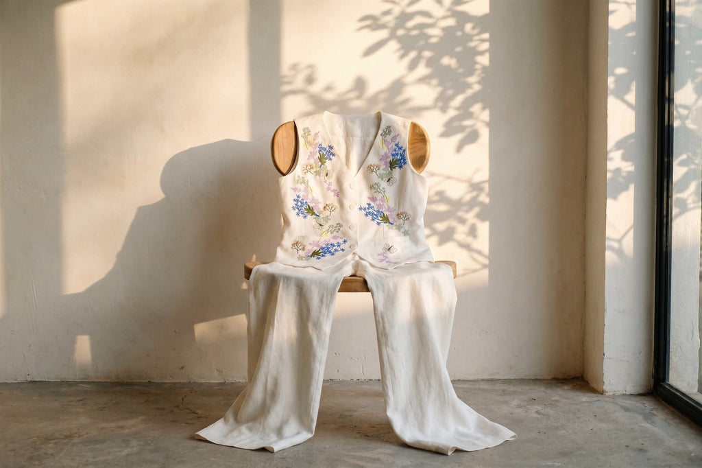 Áo Vest Gile Linen Thêu Tay Mơ