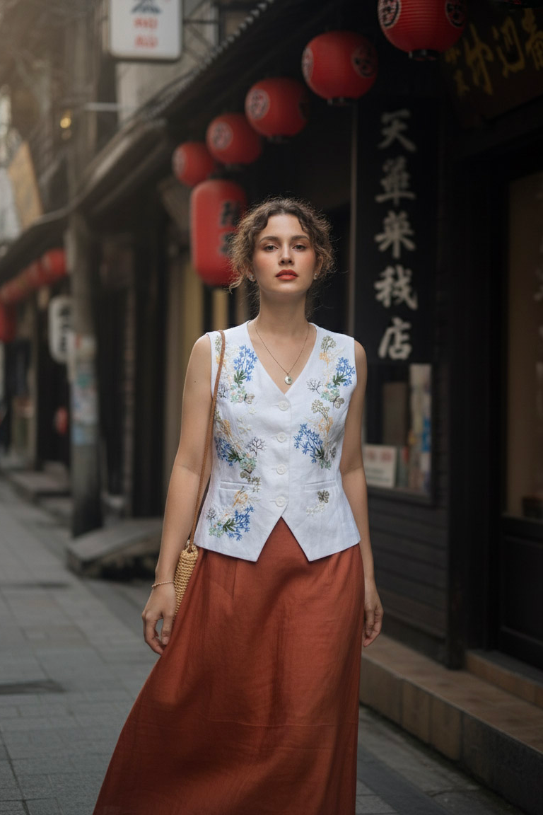 Áo vest linen thêu tay Mơ thời trang Hity