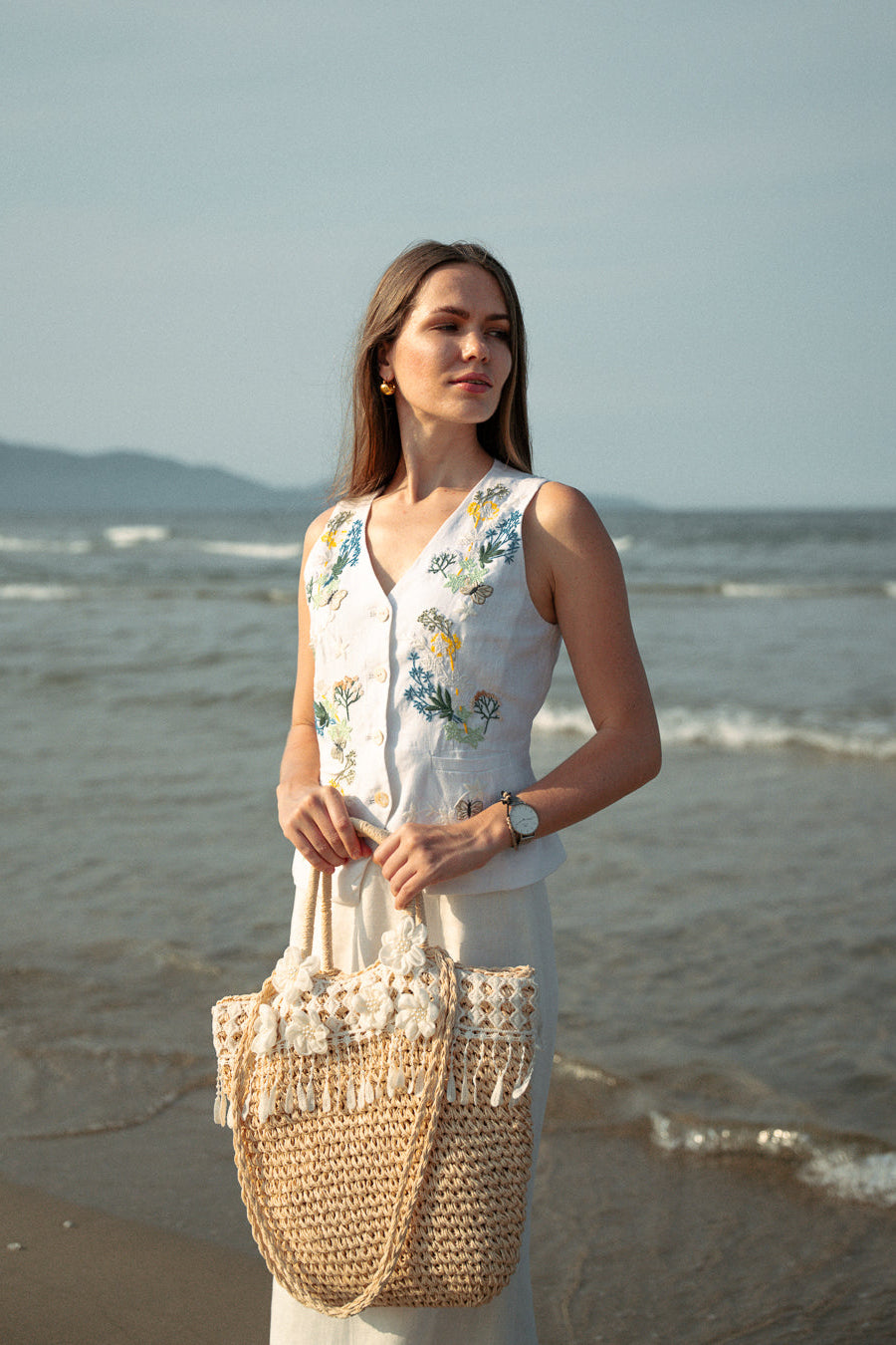 Áo vest linen thêu tay Mơ thời trang Hity