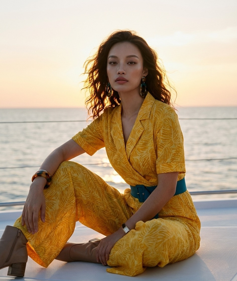 Đồ bay áo liền quần jumpsuit linen lá vàng thời trang Hity