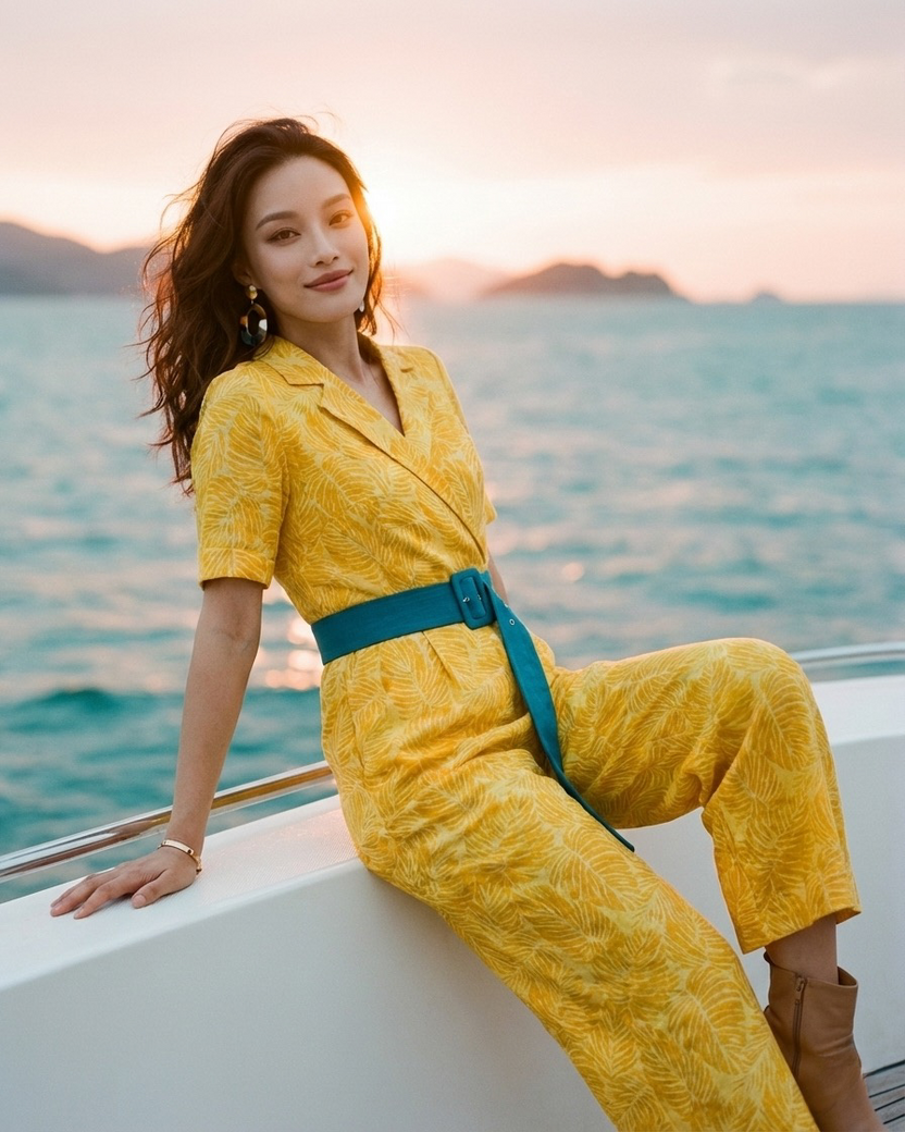 Đồ bay áo liền quần jumpsuit linen lá vàng thời trang Hity