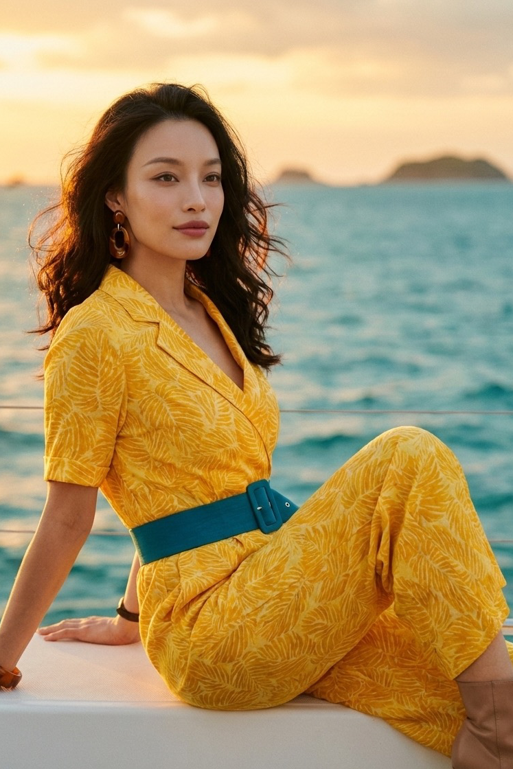 Đồ bay áo liền quần jumpsuit linen lá vàng thời trang Hity