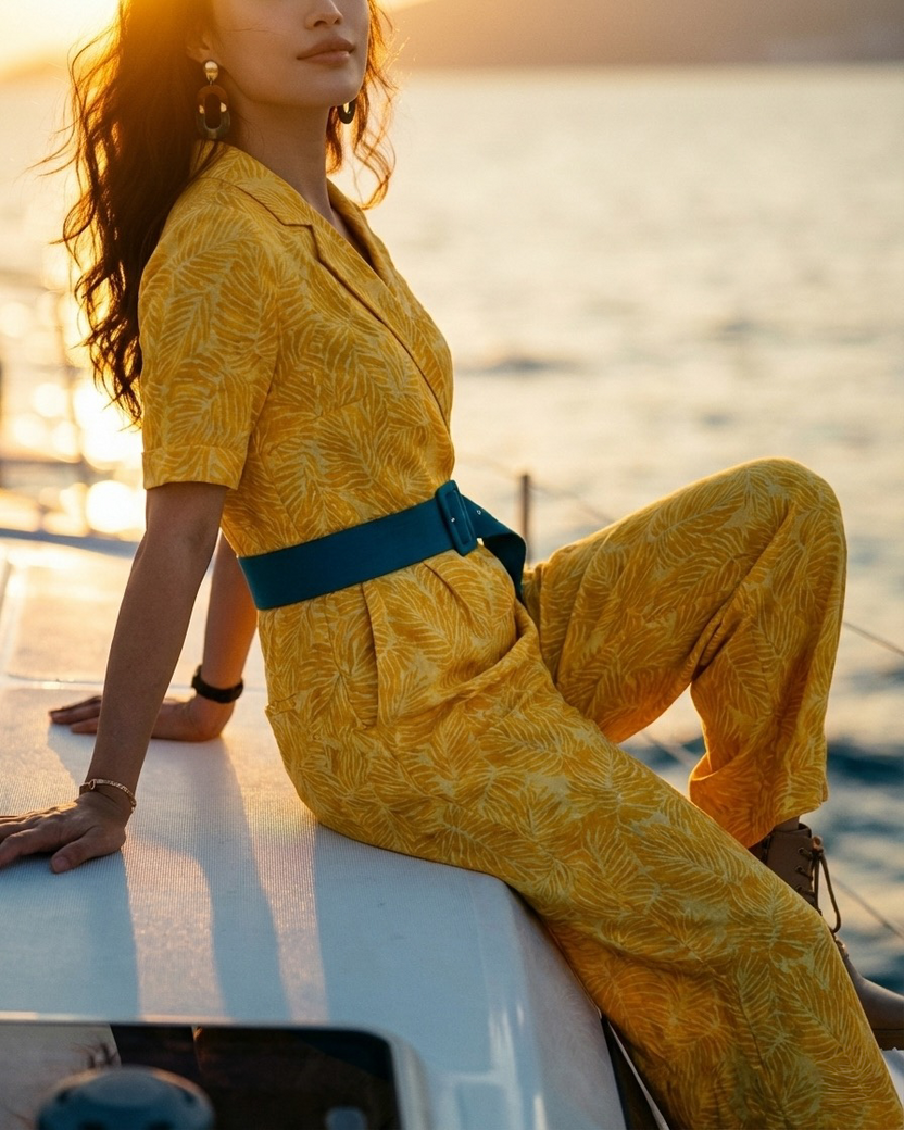 Đồ bay áo liền quần jumpsuit linen lá vàng thời trang Hity