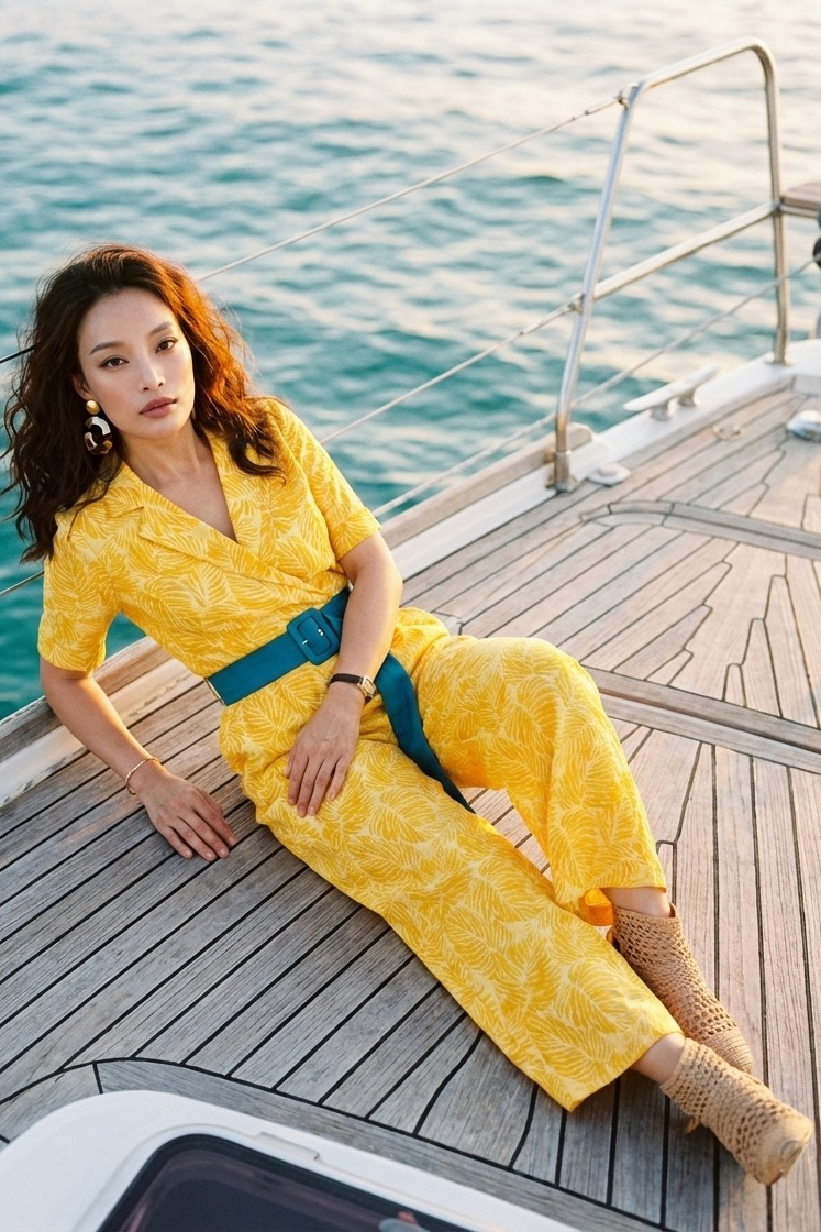 Đồ bay áo liền quần jumpsuit linen lá vàng thời trang Hity