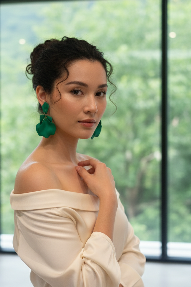 Bông tai hoa nhiệt đới xanh lá thời trang Hity