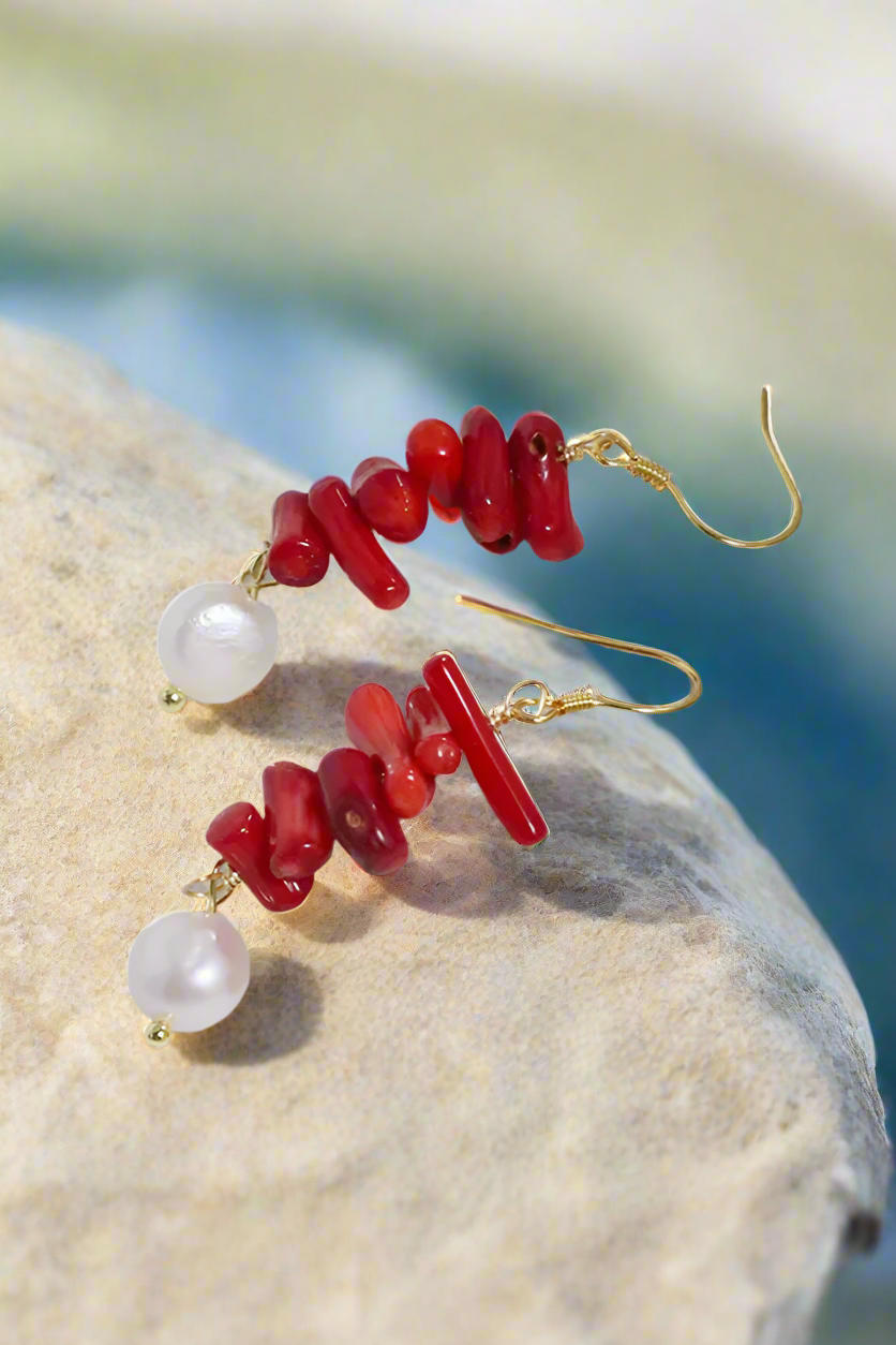 Bông tai san hô đỏ ngọc trai baroque thời trang Hity