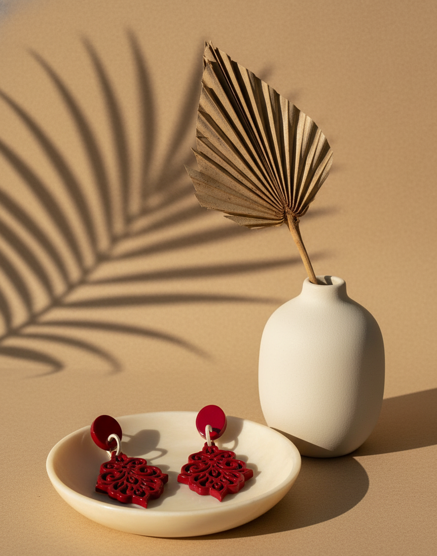 Bông tai sơn mài đỏ hoạ tiết hoa thị thời trang Hity