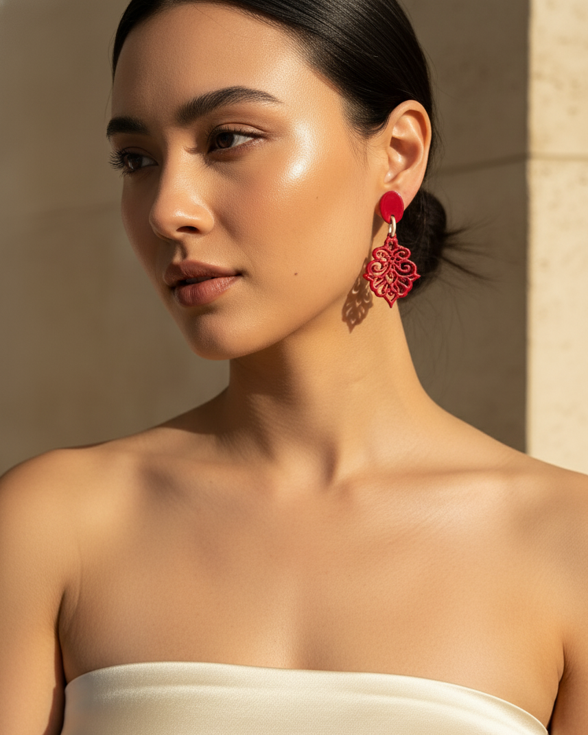 Bông tai sơn mài đỏ hoạ tiết hoa thị thời trang Hity