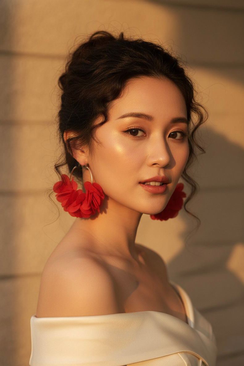 Bông tai tròn đính cánh hoa đỏ thời trang Hity