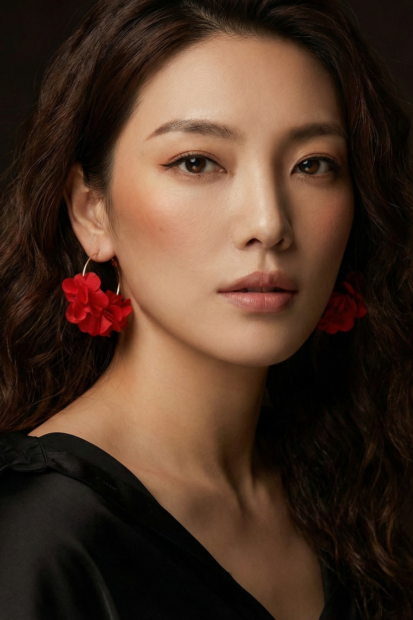 Bông tai tròn hoop hoa vải đỏ thời trang Hity
