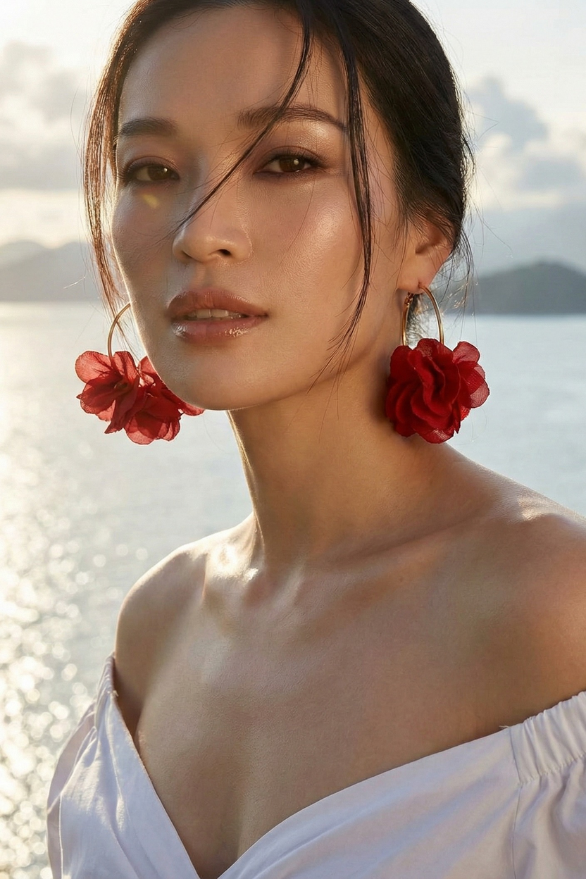 Bông tai tròn hoop hoa vải đỏ thời trang Hity