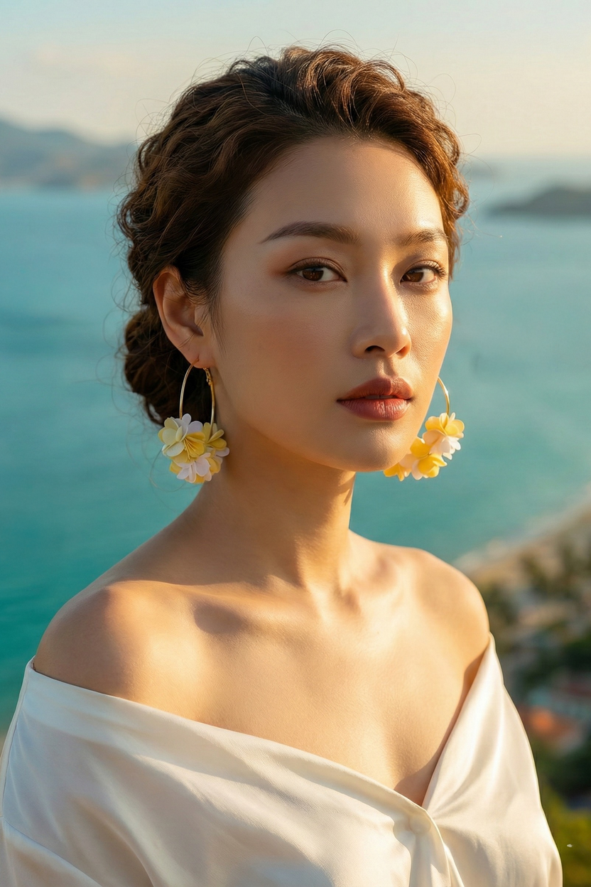 Bông tai tròn hoop cánh hoa vàng thời trang Hity