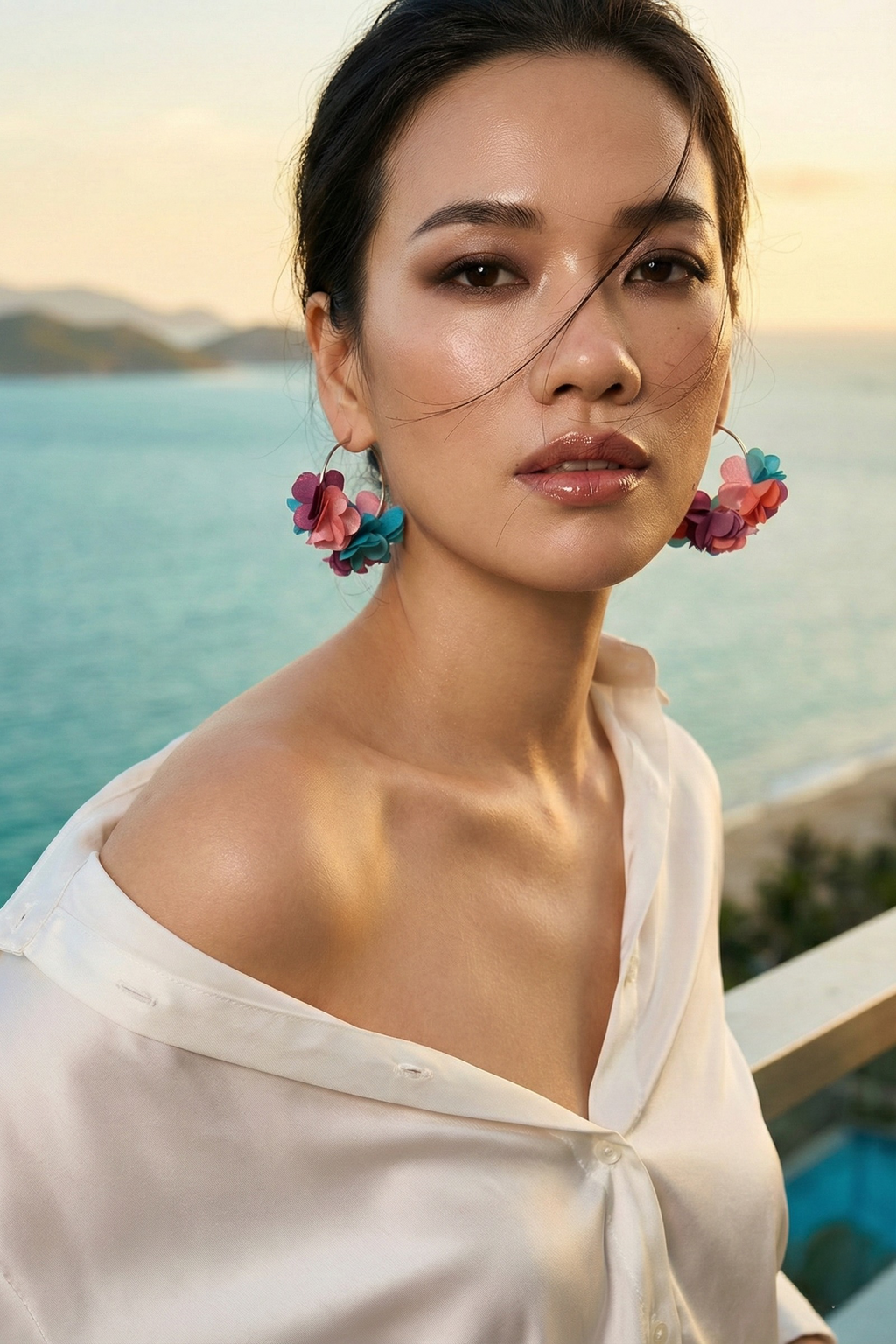 Bông tai tròn đính cánh hoa đa sắc thời trang Hity