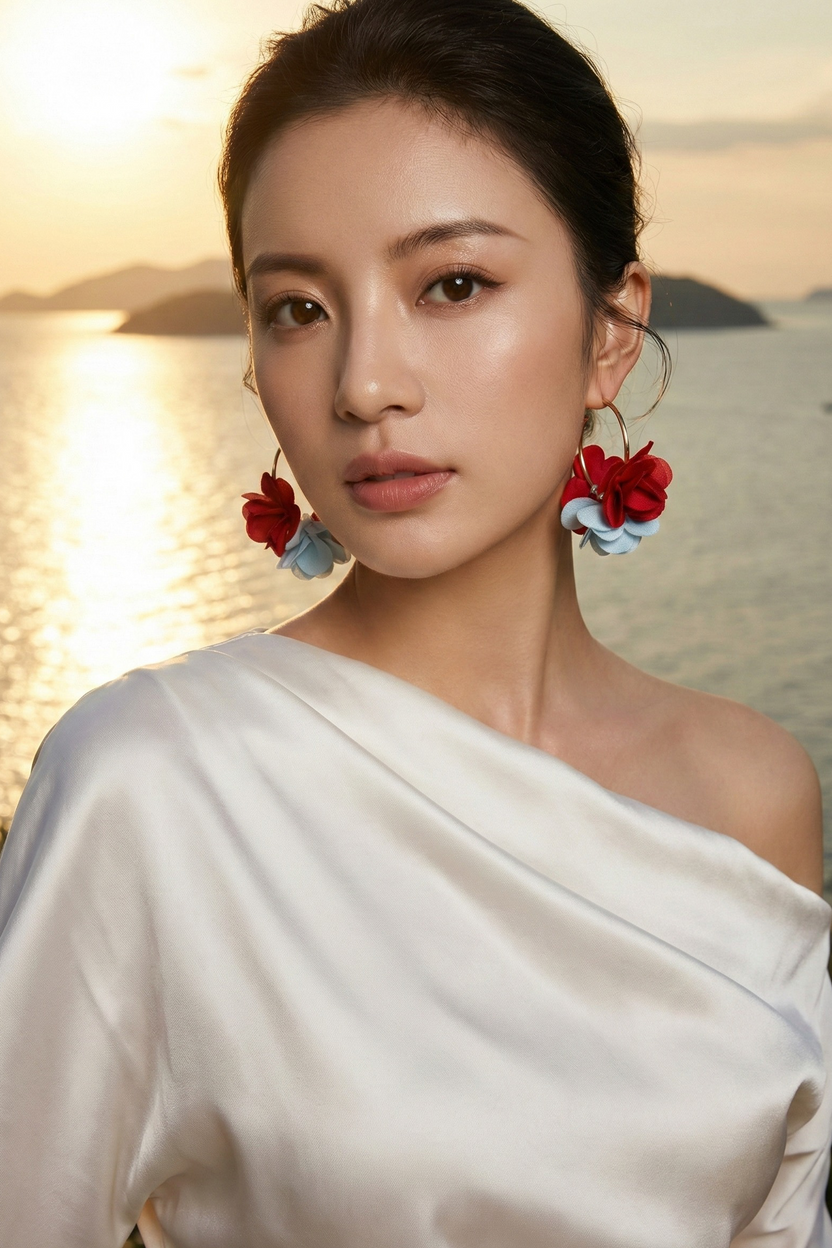 Bông tai tròn cánh hoa đỏ thời trang Hity