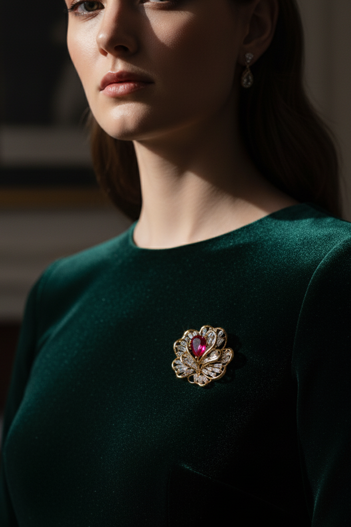 Cài áo hoa đính pha lê ruby thời trang Hity