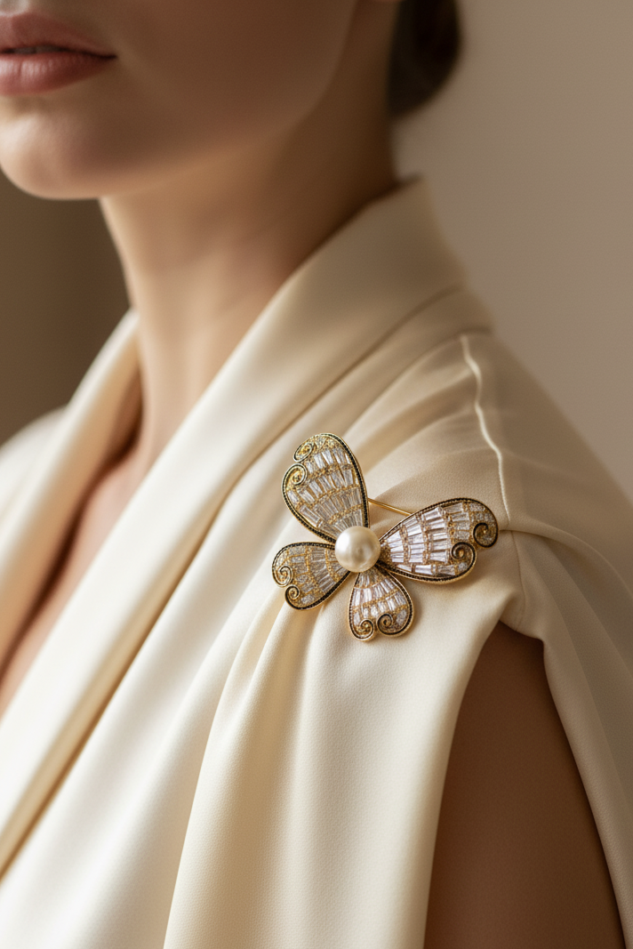 Cài áo bướm pha lê đính ngọc trai baroque thời trang Hity