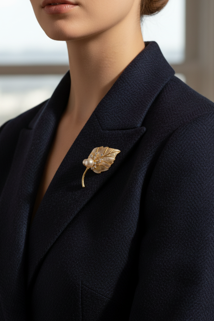 Cài áo chiếc lá xà cừ đính ngọc trai baroque thời trang Hity