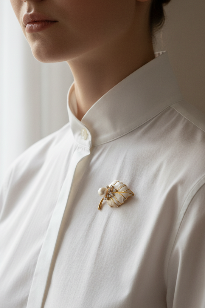 Cài áo chiếc lá xà cừ đính ngọc trai baroque thời trang Hity