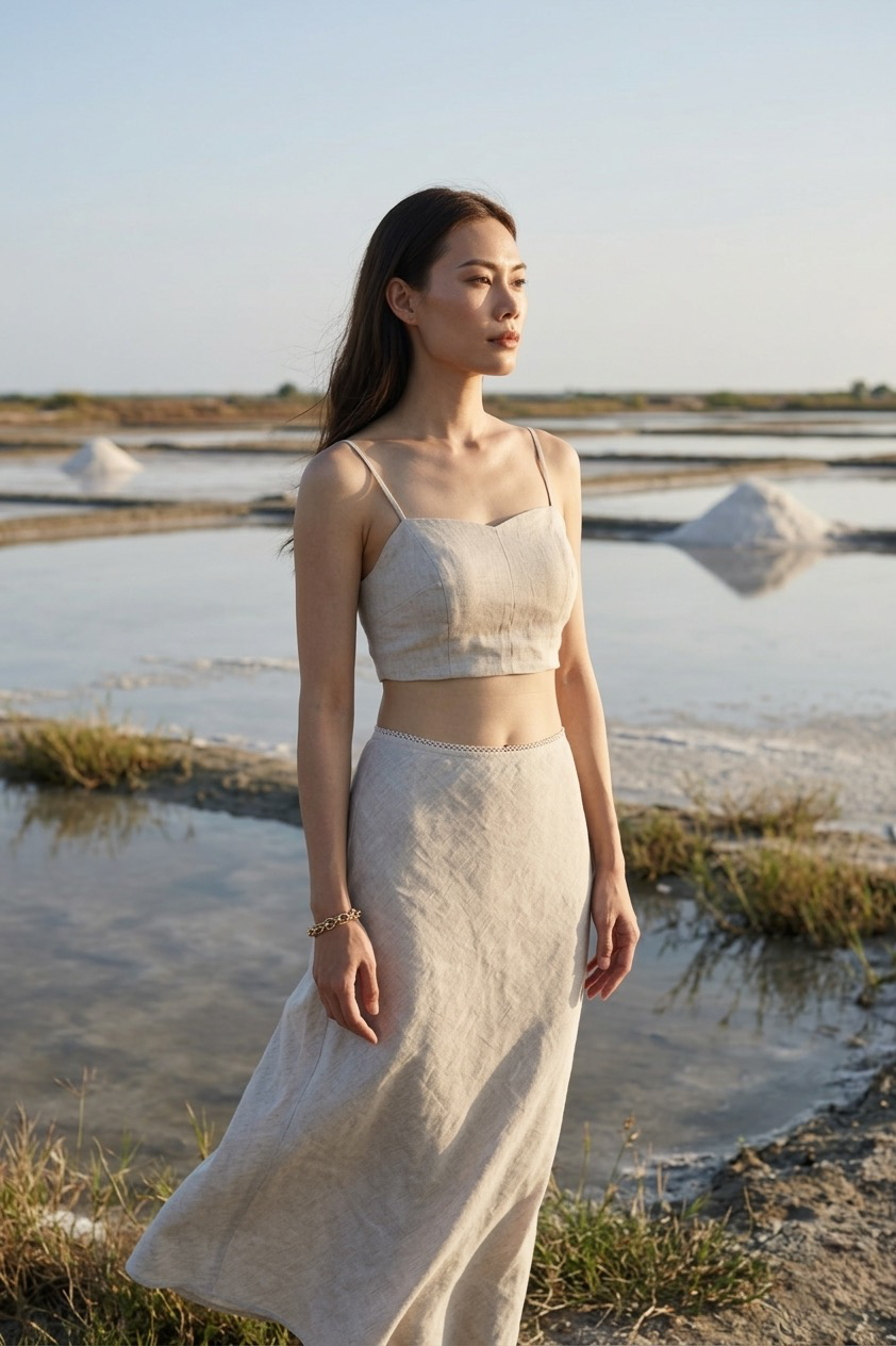 Chân váy midi đuôi cá linen muối tiêu thời trang Hity