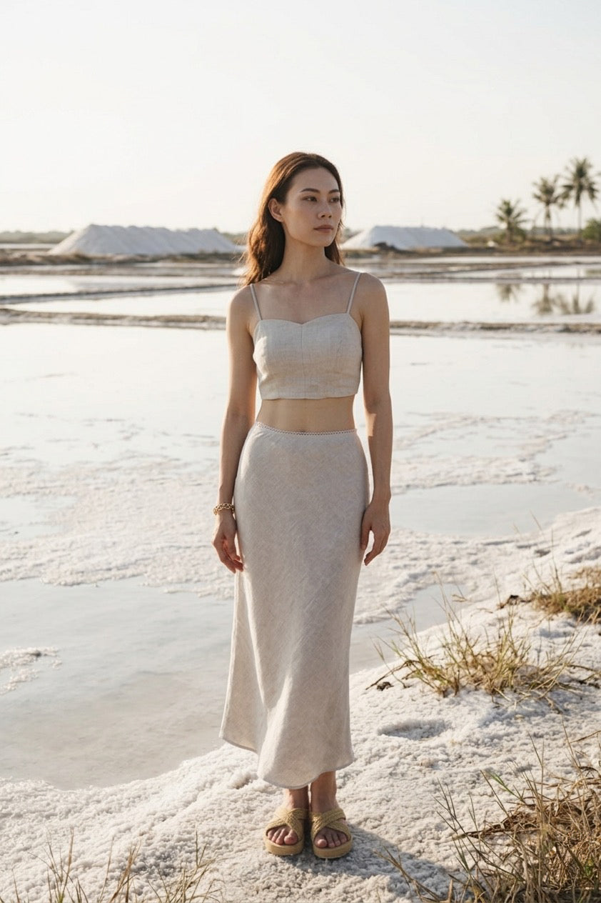 Chân váy midi đuôi cá linen muối tiêu thời trang Hity