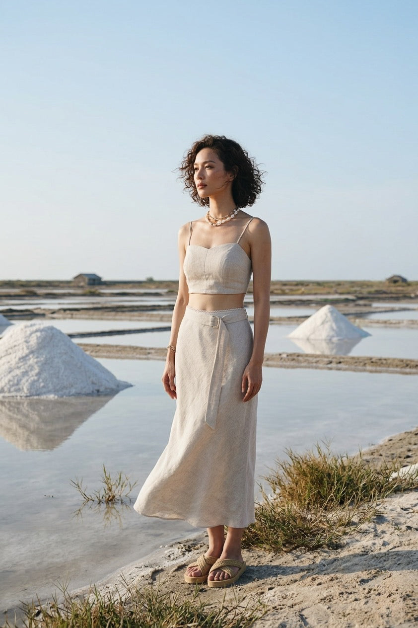 Chân váy midi đuôi cá linen muối tiêu thời trang Hity