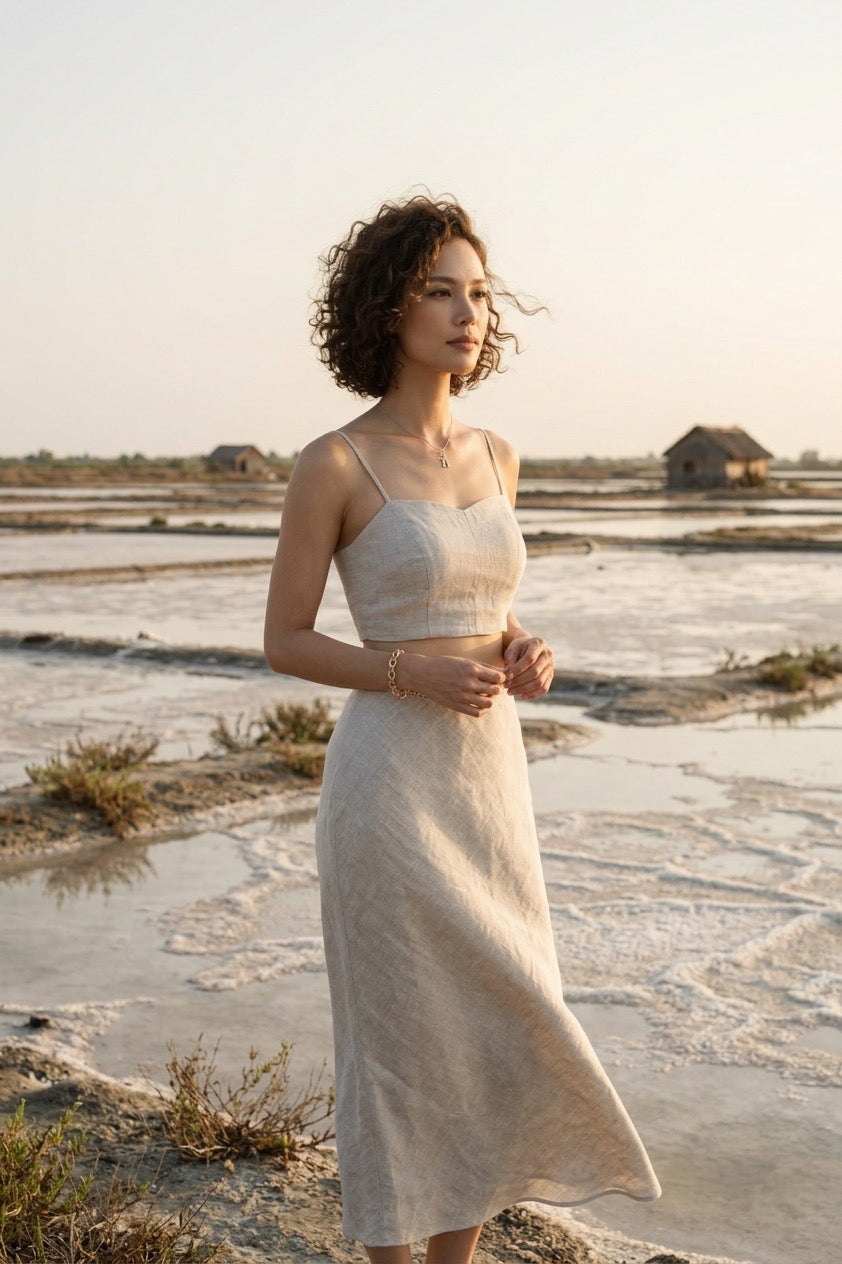 Chân váy midi đuôi cá linen muối tiêu thời trang Hity
