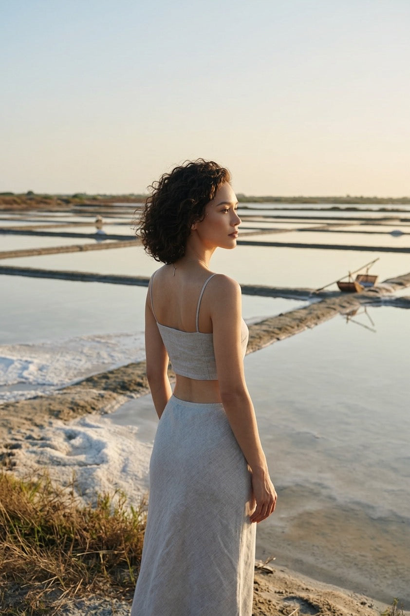Chân váy midi đuôi cá linen muối tiêu thời trang Hity