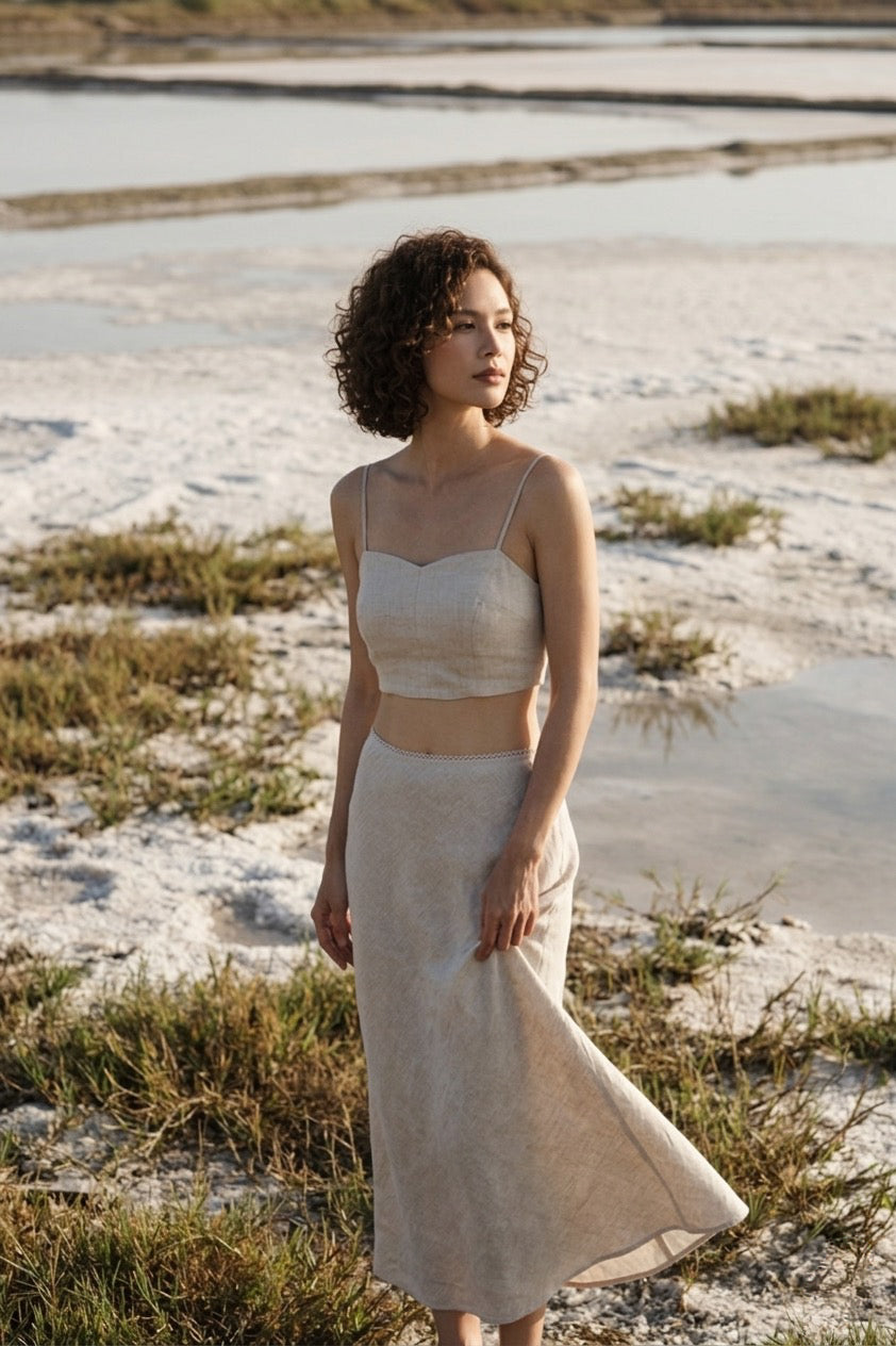 Chân váy midi đuôi cá linen muối tiêu thời trang Hity