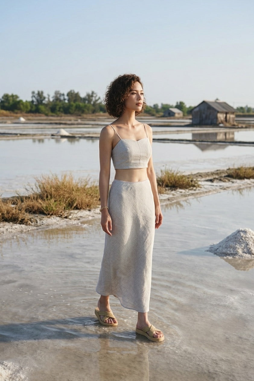 Chân váy midi đuôi cá linen muối tiêu thời trang Hity