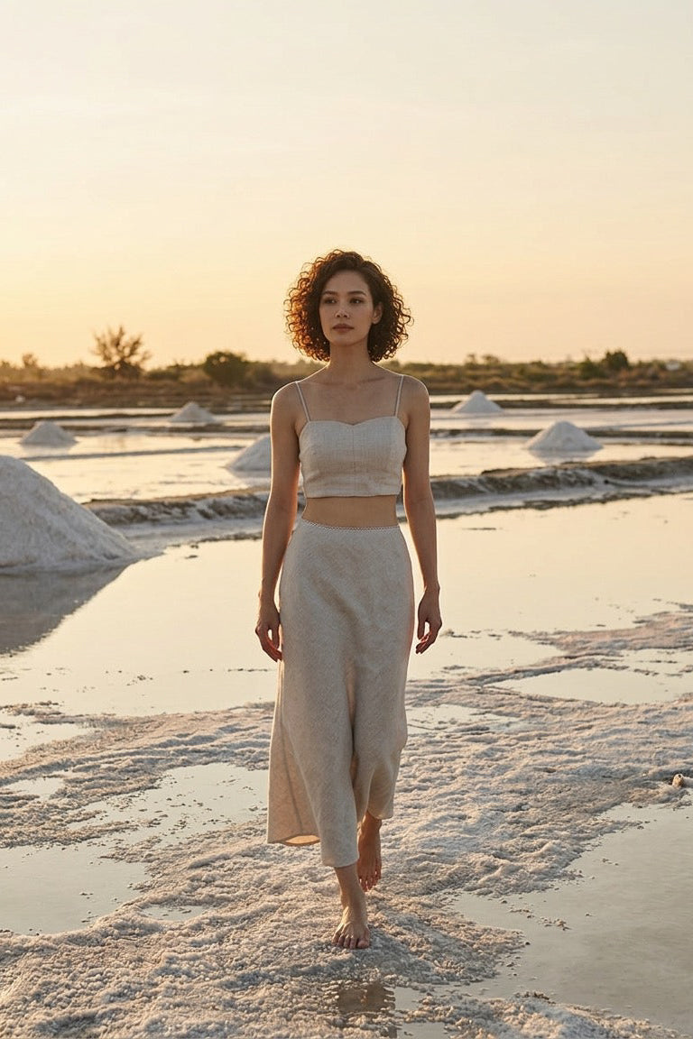 Chân váy midi đuôi cá linen muối tiêu thời trang Hity