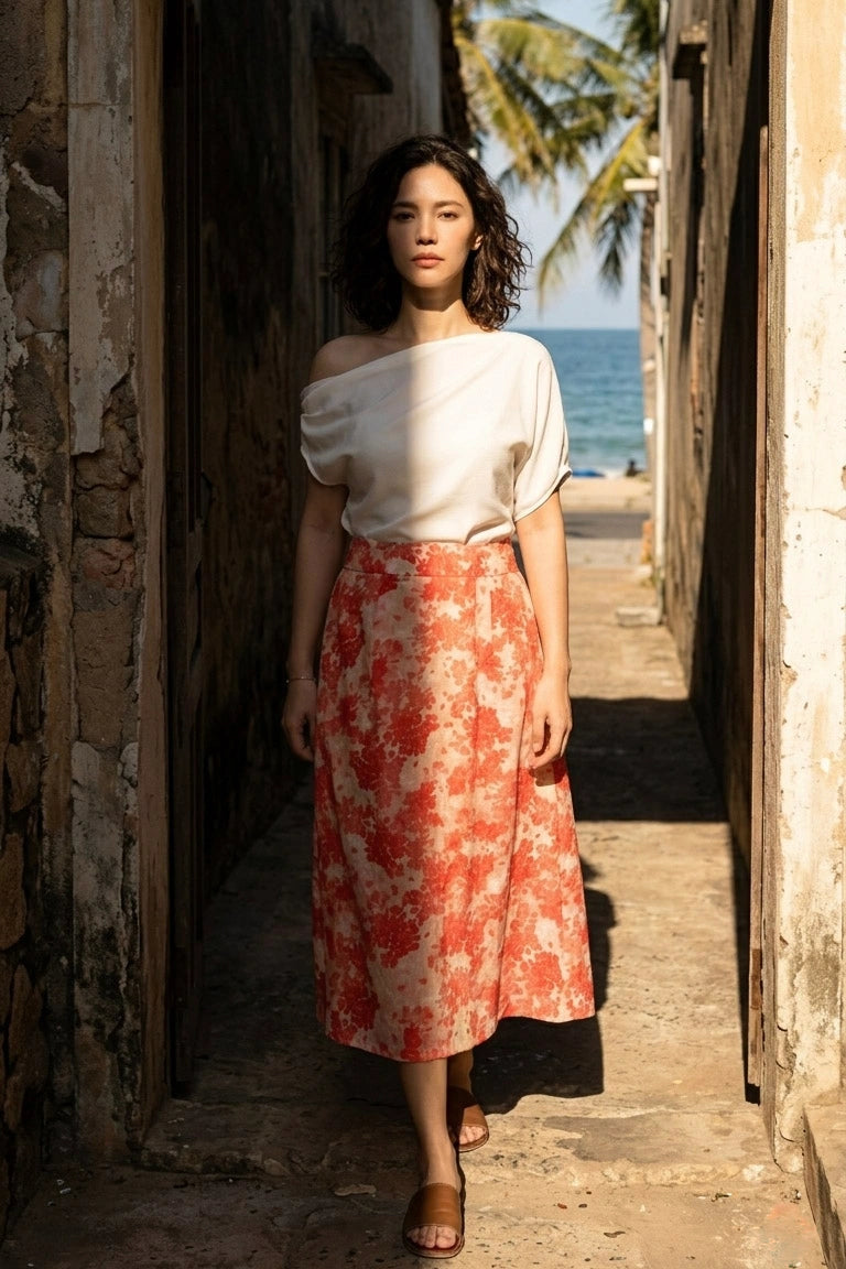 Chân váy midi chữ A vải gai xanh ramie thời trang Hity
