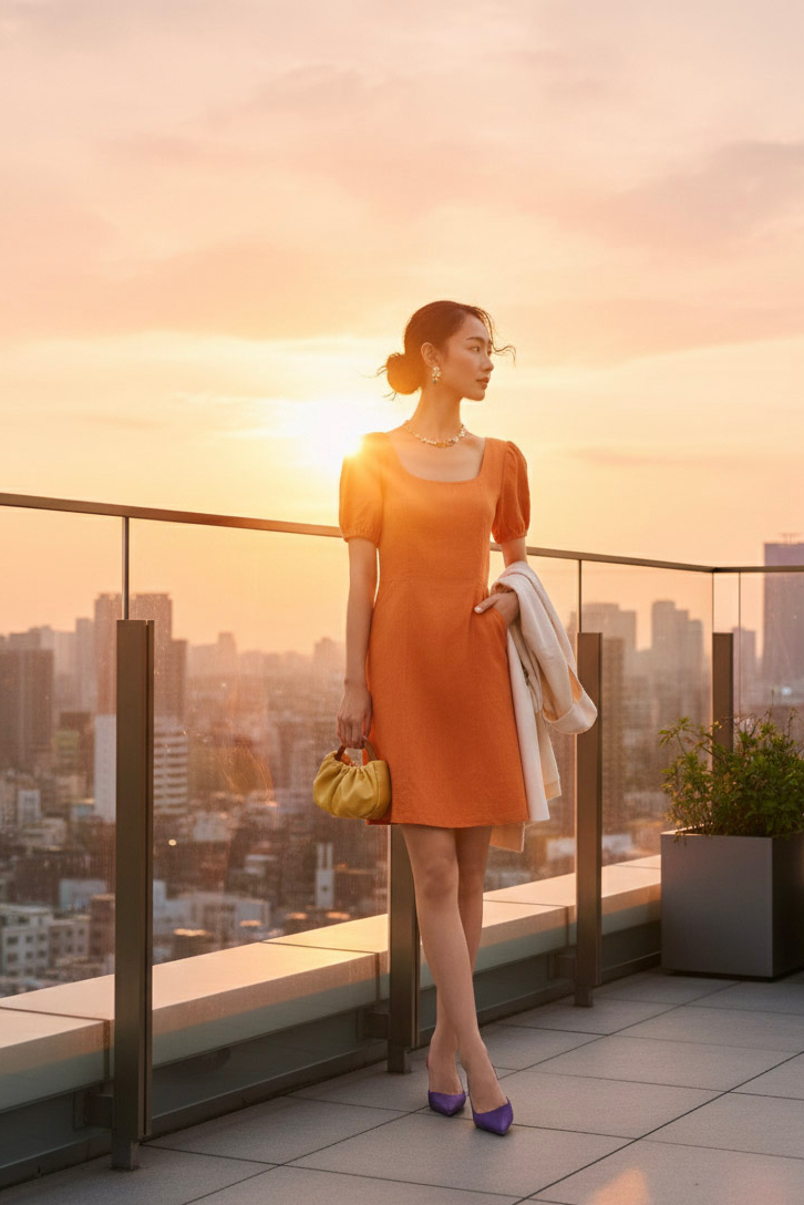 Đầm ôm chữ A linen cam thời trang Hity