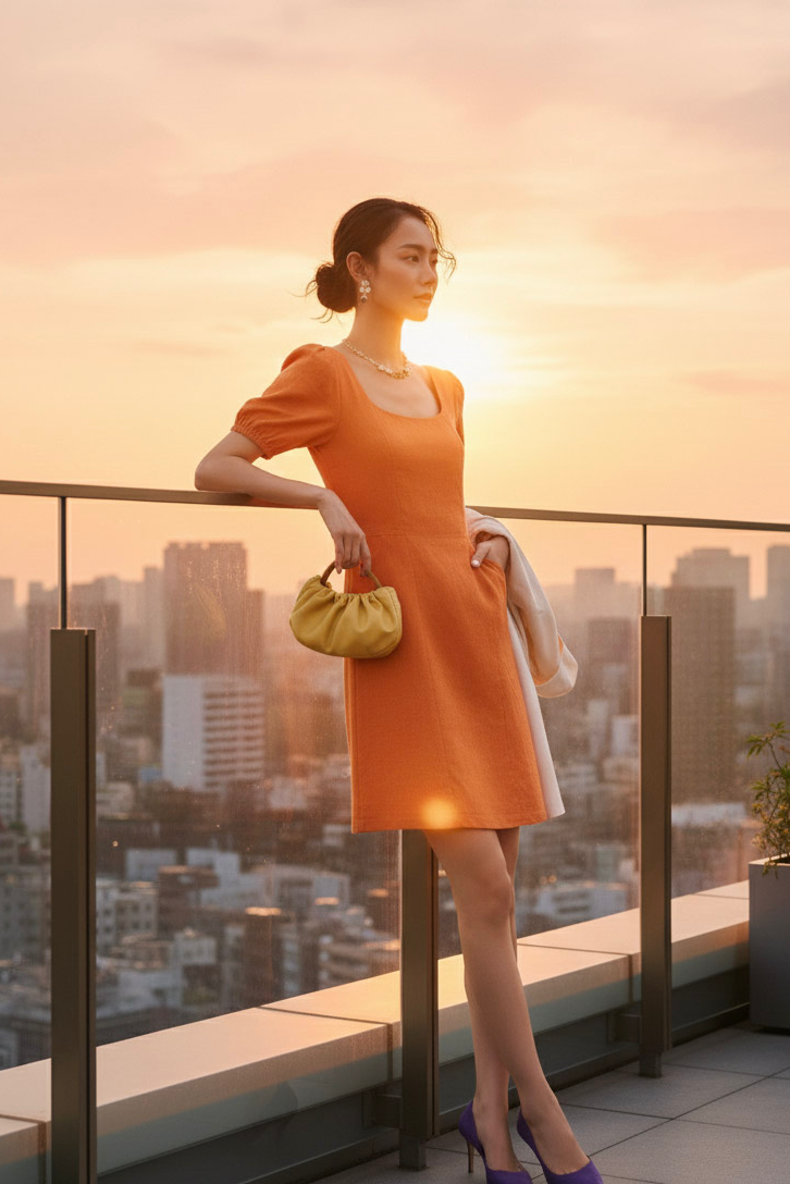 Đầm ôm chữ A linen cam thời trang Hity