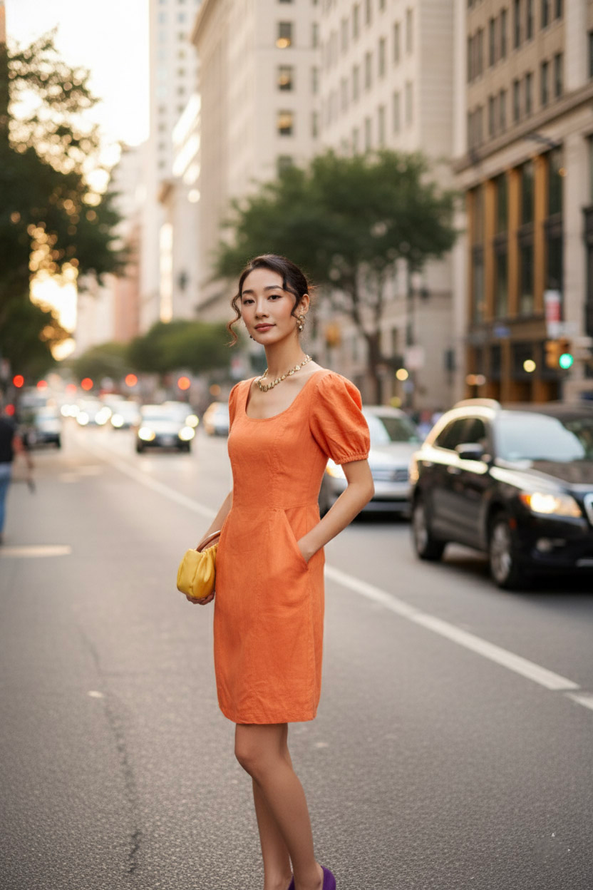 Đầm ôm chữ A linen cam thời trang Hity