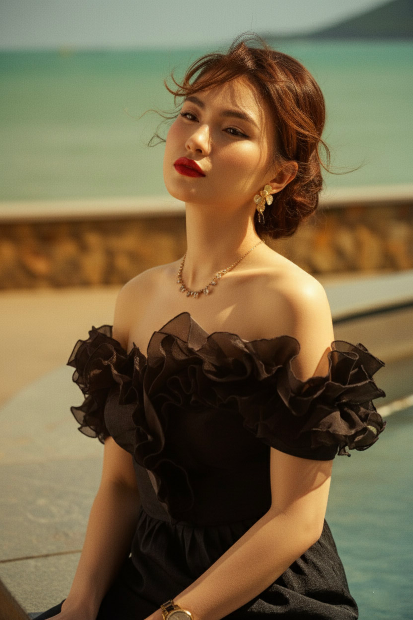 Đầm maxi trễ vai đi tiệc organza đen thời trang Hity