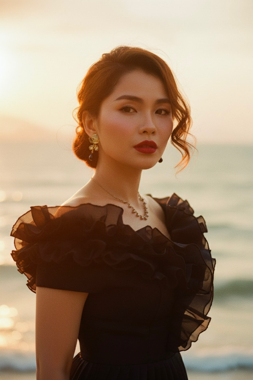 Đầm maxi trễ vai đi tiệc organza đen thời trang Hity