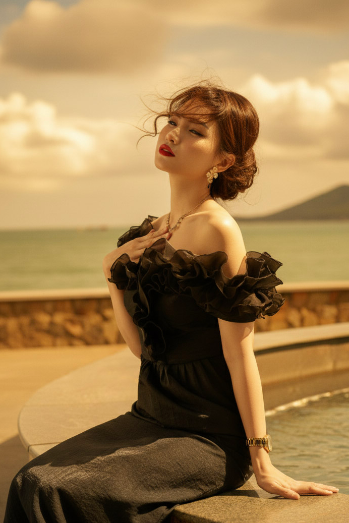 Đầm maxi trễ vai đi tiệc organza đen thời trang Hity