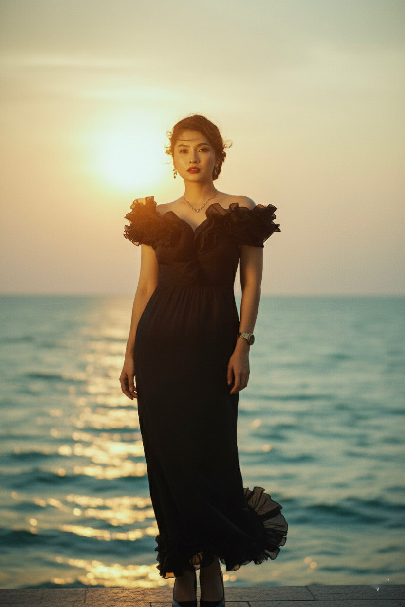 Đầm maxi trễ vai đi tiệc organza đen thời trang Hity