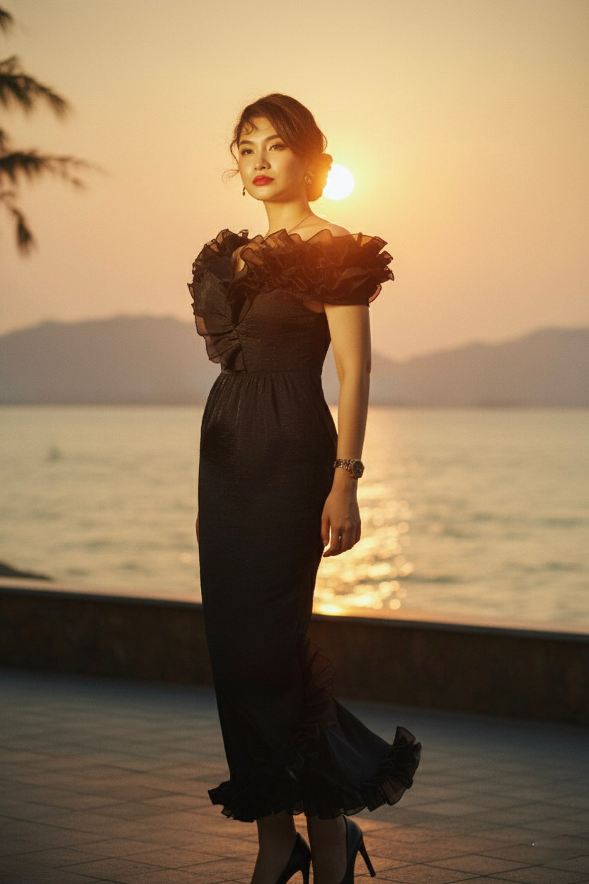 Đầm maxi trễ vai đi tiệc organza đen thời trang Hity