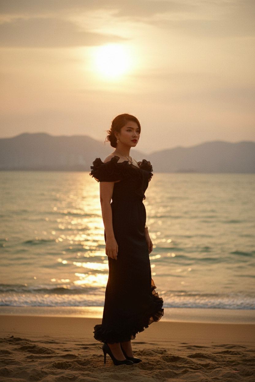 Đầm maxi trễ vai đi tiệc organza đen thời trang Hity