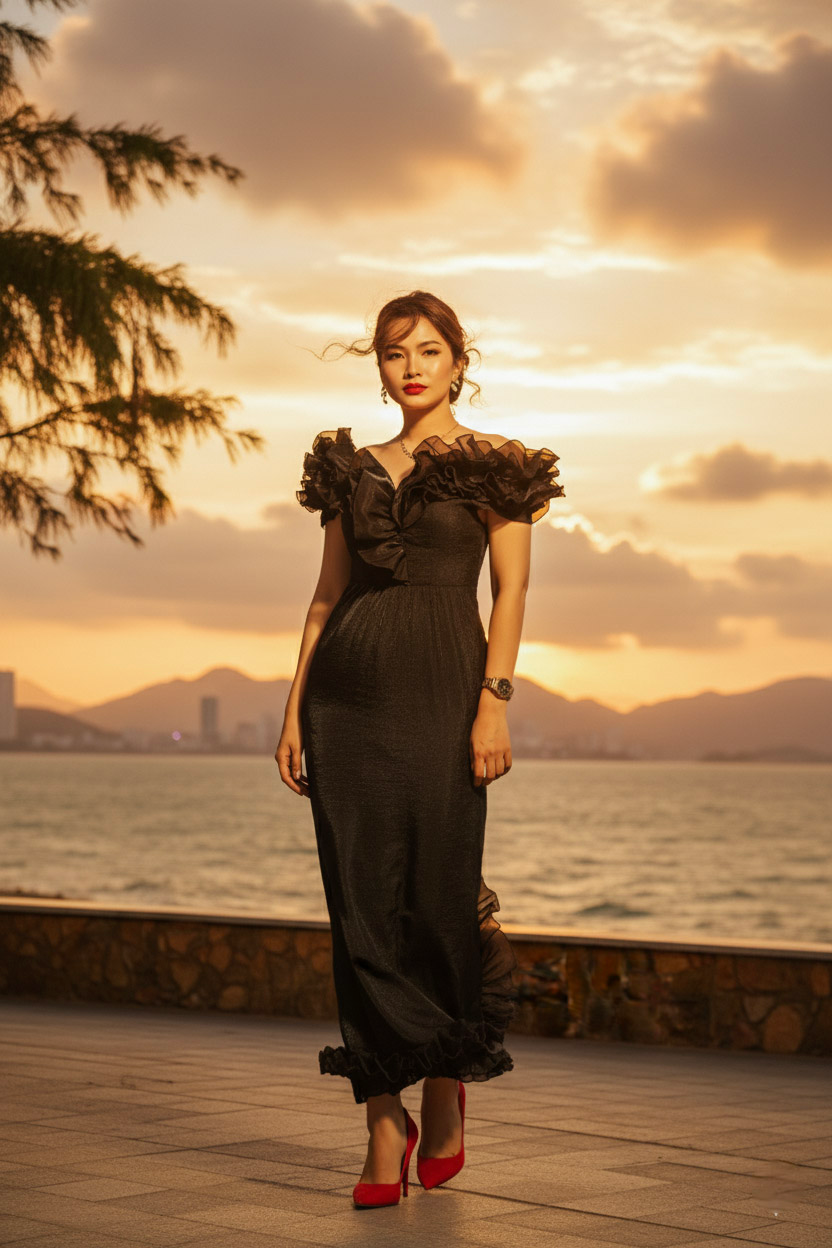 Đầm maxi trễ vai đi tiệc organza đen thời trang Hity