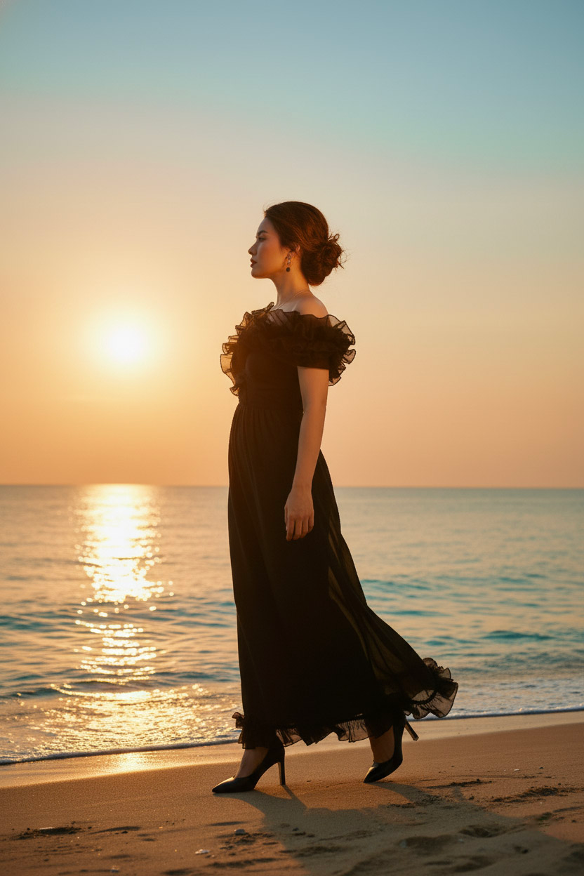 Đầm maxi trễ vai đi tiệc organza đen thời trang Hity