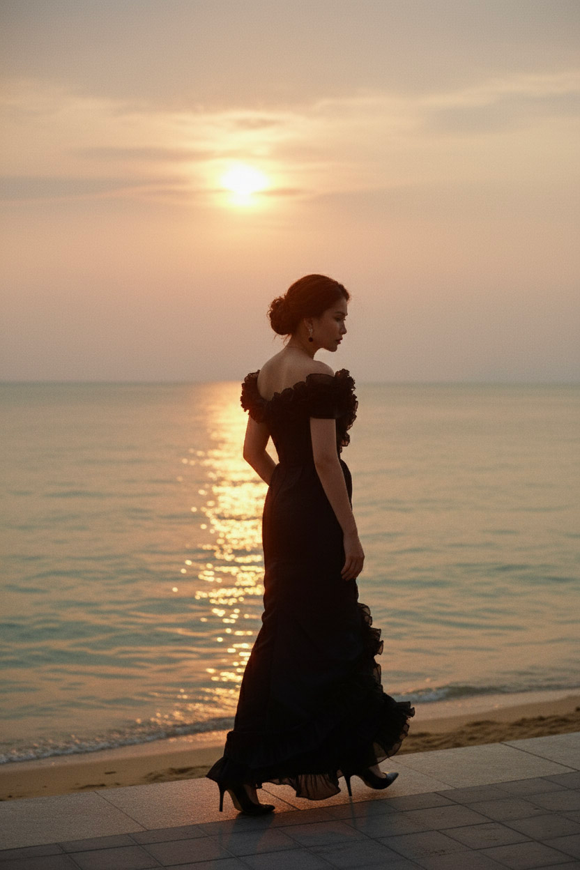 Đầm maxi trễ vai đi tiệc organza đen thời trang Hity