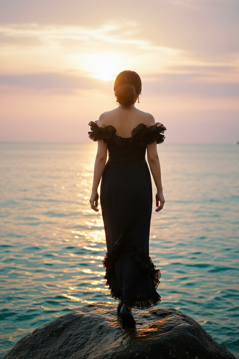 Đầm maxi trễ vai đi tiệc organza đen thời trang Hity