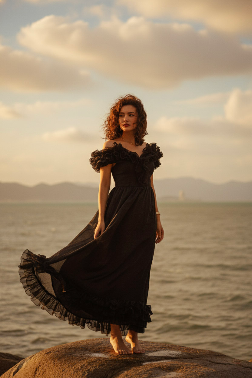 Đầm maxi trễ vai đi tiệc organza đen thời trang Hity