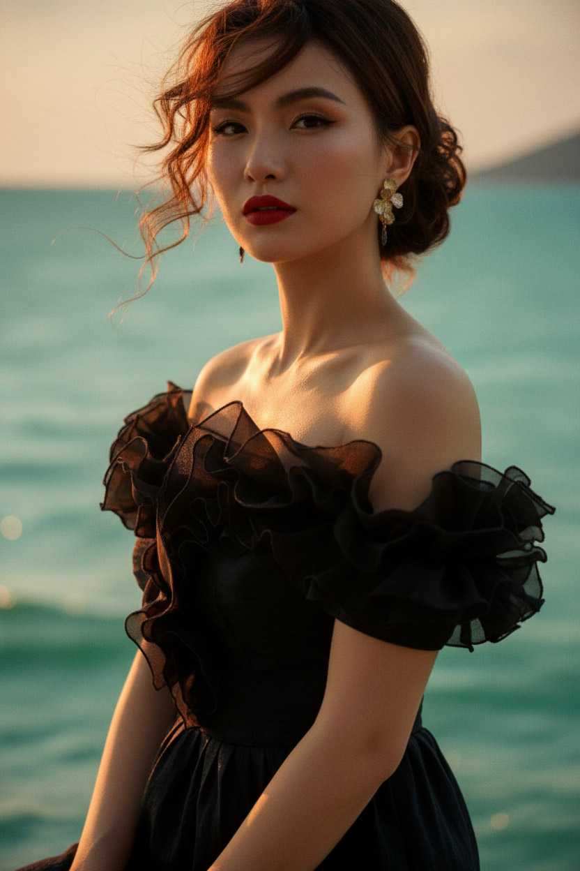 Đầm maxi trễ vai đi tiệc organza đen thời trang Hity