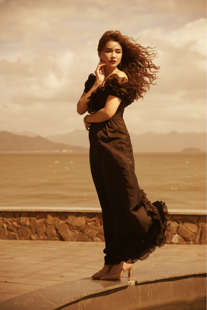 Đầm maxi trễ vai đi tiệc organza đen thời trang Hity