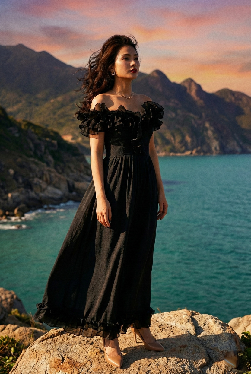 Đầm maxi trễ vai đi tiệc organza đen thời trang Hity