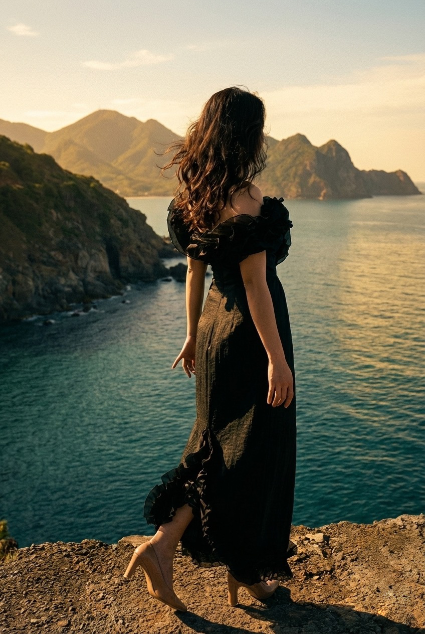 Đầm maxi trễ vai đi tiệc organza đen thời trang Hity