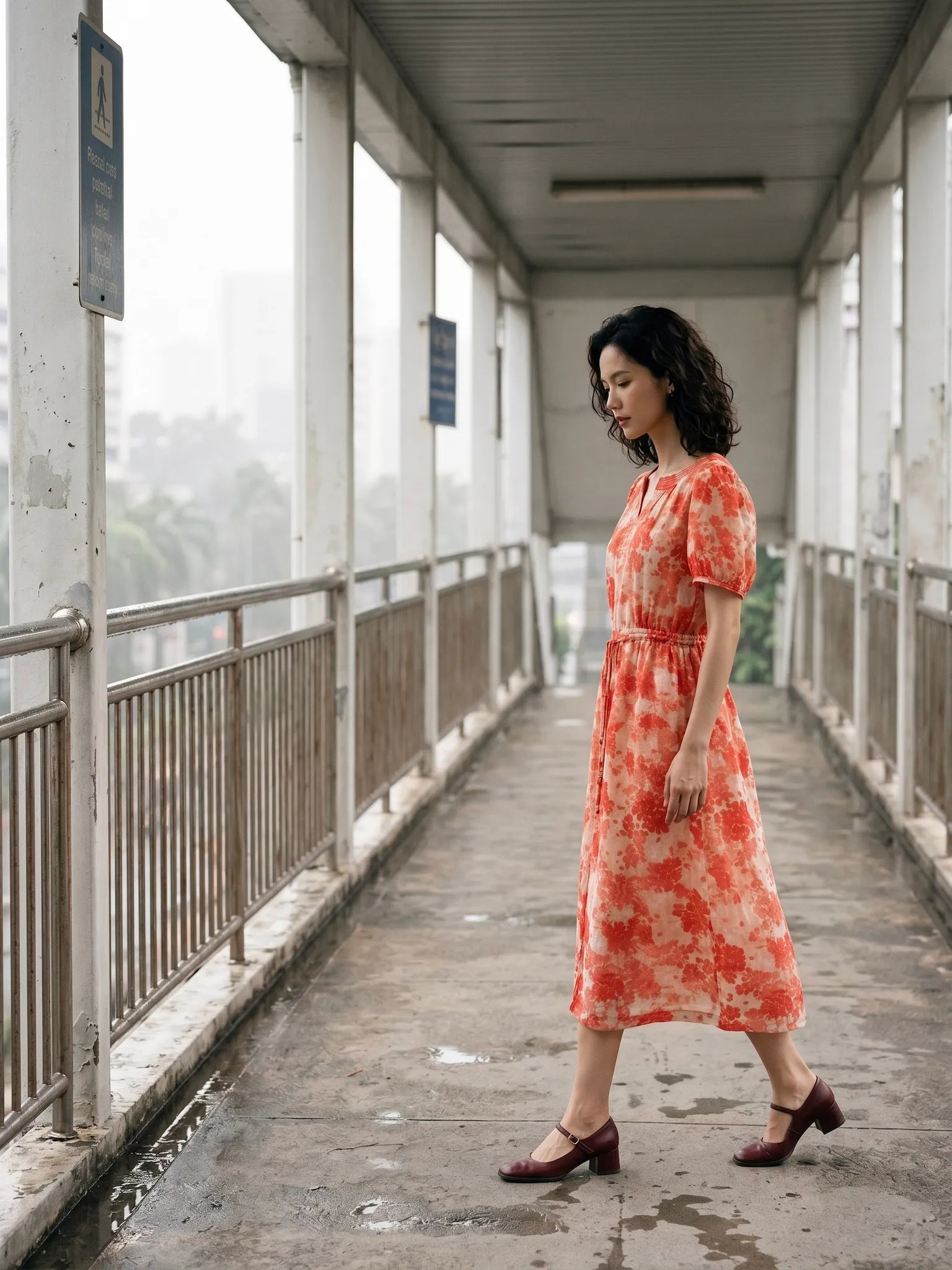 Đầm hoa thắt eo vải gai xanh ramie thời trang Hity
